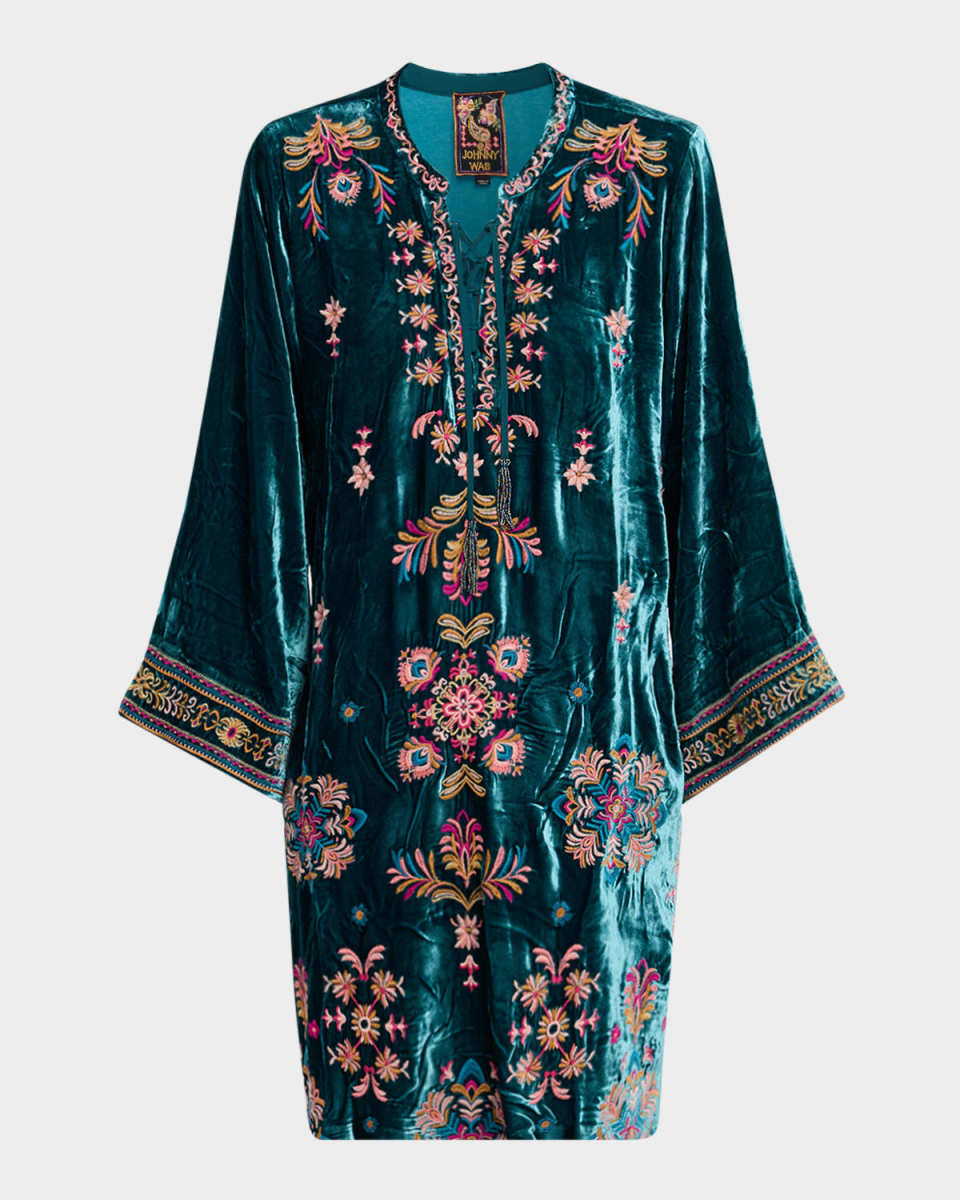 Embroidered Lace-Up Velvet Mini Dress